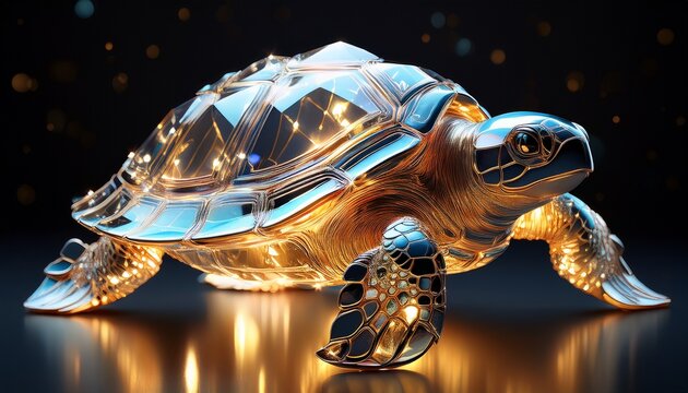 a delicate crystal turtle sculpture adorned with intricate golden details and sparkling lights on a reflective surface from a side viewpoint