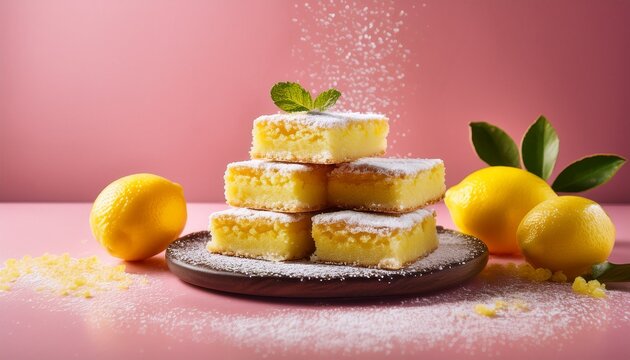 zesty lemon bars dessert stack of lemon bars dusted with sugar lemons on pink background