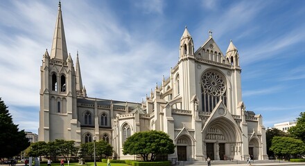 Obraz premium Grand architecture of a cathedral against a vibrant blue sky during daylight