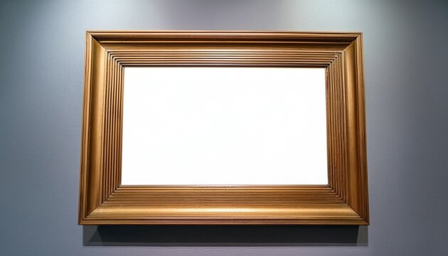 an empty vintage wooden picture frame with a blank gold border hangs in an art gallery exhibition space for wall decoration