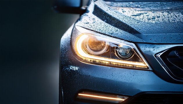 close up of front head lights of car with rain drops on it copy space all season waterproof headlights