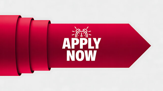 Red Ribbon Arrow Shape With Apply Now Text And Alarm Clock Icon banner button