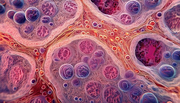 magnified bone marrow biopsy showing plasma cells with irregular nuclei and multiple myeloma tumor cells infiltrating normal hematopoietic tissue