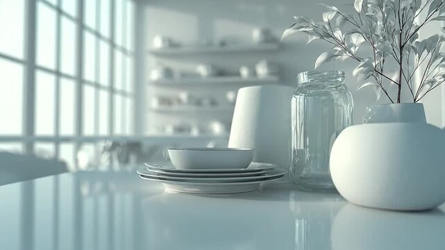Clean white kitchen counter with minimalist dishes and decor