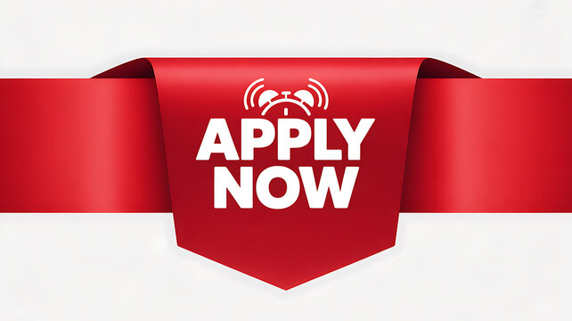Red Ribbon Banner With Apply Now Text And Alarm Clock Icon button call to action