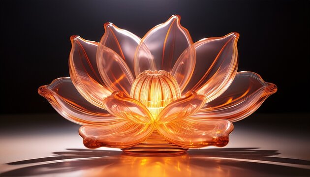 a luminous translucent flower sculpture glowing with warm light placed on a reflective surface viewed from a slightly elevated angle