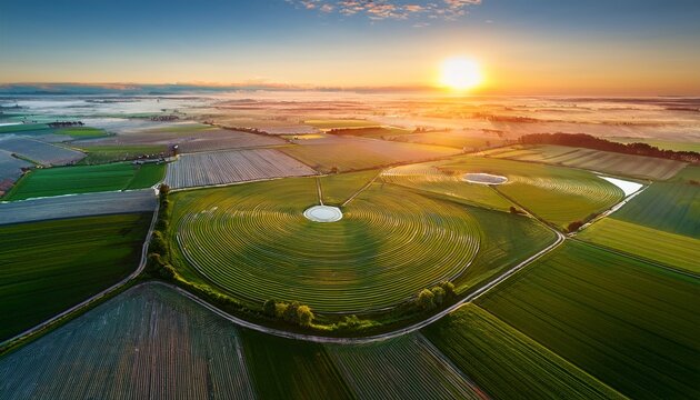 aerial view of vibrant patchwork agricultural fields with circular irrigation in rural landscape at sunrise