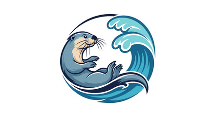 Naklejka premium Cute Otter Swimming in Circular Wave Logo Illustration