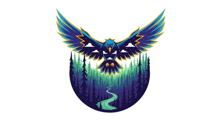 Eagle Flying Above Pine Forest and Winding River Vector Illustration © Romadon