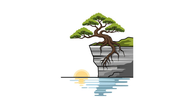 Bonsai Tree on Cliff Edge Sunset Vector Illustration