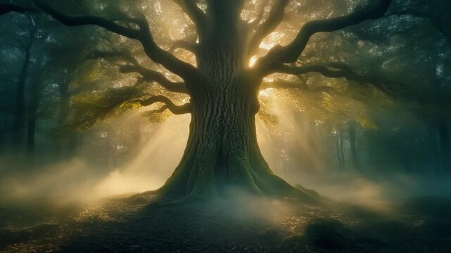Mystical ancient tree in forest with sunbeams. Ethereal landscape with fog and rays of light. Nature background with giant tree and misty atmosphere.
