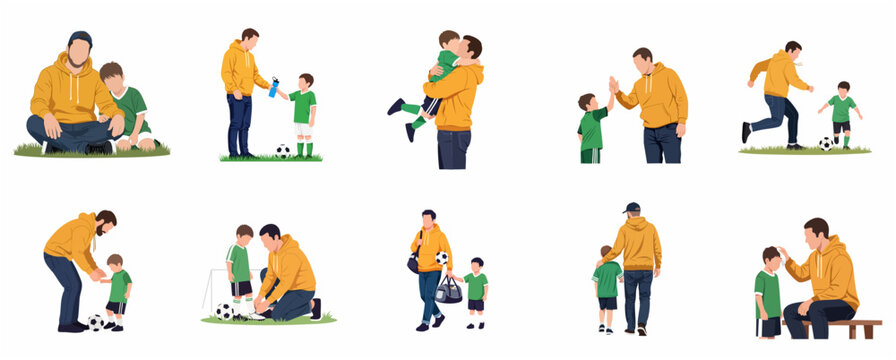 Father and Son Soccer Activities Flat Vector Illustration Set, Dad Coaching and Playing Football with His Kid, Support and Bonding in Sports