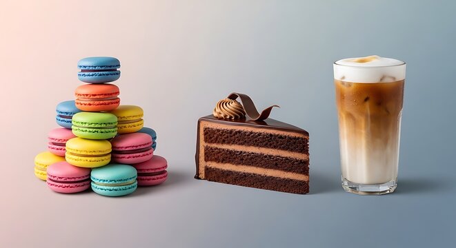 Colorful macaron tower with chocolate cake slice and a glass of latte coffee. food combo graphics