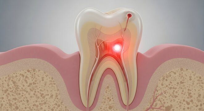 Dental Pain Illustration: Cross-section of Tooth with Cavity and Inflamed Pulp