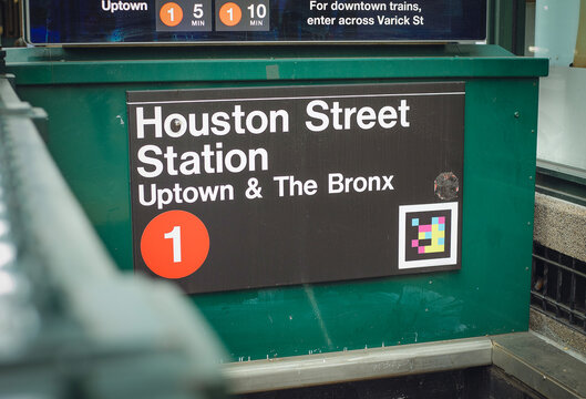 Entrance to the Houston Street Station of the New York City Subway, serving 1 Line trains bound for Uptown and the Bronx in New York, New York, USA, May 14, 2026.