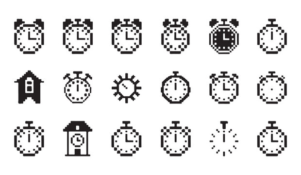 Pixel art clock icon set featuring various timekeeping device styles for digital projects.
