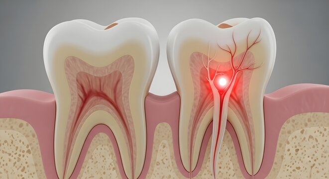 Tooth Anatomy: Healthy Tooth vs. Tooth with Pain and Infection. Root Canal Problem & Oral Health Issue.