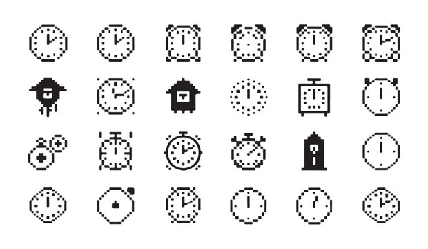 Collection of classic pixel art clock and alarm designs for digital timer interfaces.