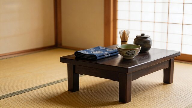 Traditional Japanese tea setup on low table