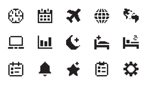 Pixel art icons containing clocks calendars planes globes charts and bedroom furniture.