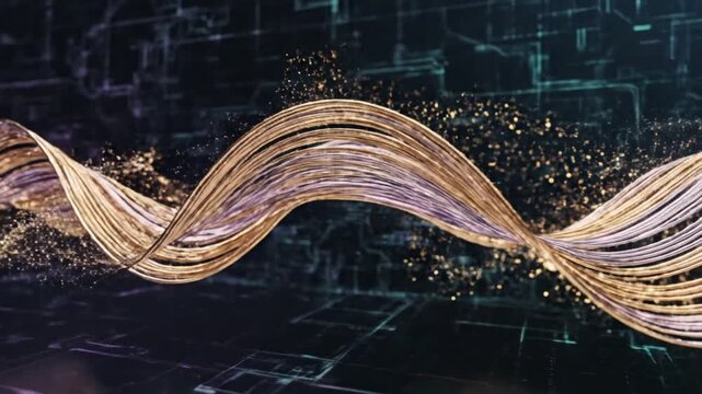 Abstract Golden Wave Ribbon with Sparkling Particles on Cyber Tech Background