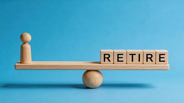 Wooden blocks spelling retire word balancing on a seesaw with peg doll figure, retirement planning financial savings pension fund concept, work life balance and future investment