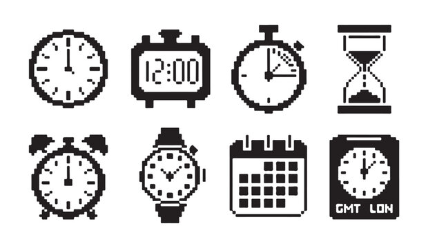 Diverse collection of retro pixel art icons representing various clocks and calendars.