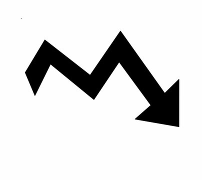 A bold black zigzag arrow pointing downwards, illustrating a negative trend, financial decline, market crash, economic downturn, or decreasing statistics against a plain white background.