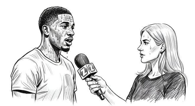 Journalist interviewing man with microphone in studio setting.