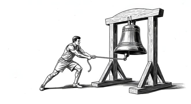 Ancient man ringing large bell with wooden lever mechanism.