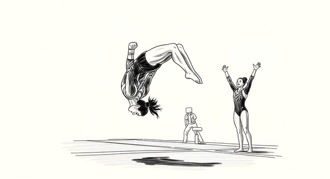 Dynamic Sketch of Gymnasts Performing Flips and Celebrations.
