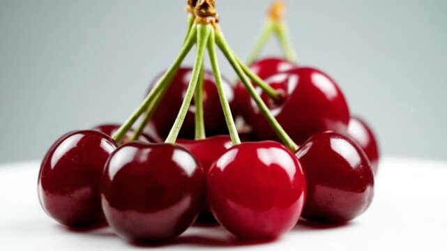 Ripe and juicy cherries sit in a bunch, showing off their rich red color and fresh stems in a natural fruit display