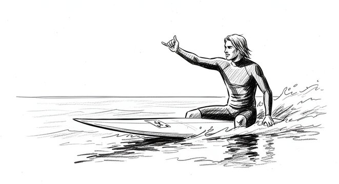 Surfer riding ocean wave on classic longboard illustration.