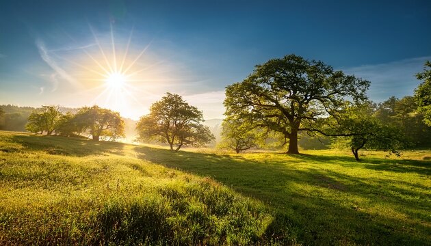 serene landscape with trees under a bright sun