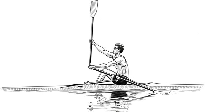 Athlete rowing single scull boat on calm water sketch.