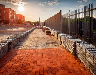 Obraz premium a construction site with a sidewalk being built using bricks and a metal fence