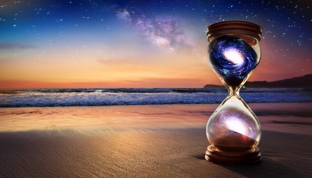 hourglass on beach with galaxy and nebula inside