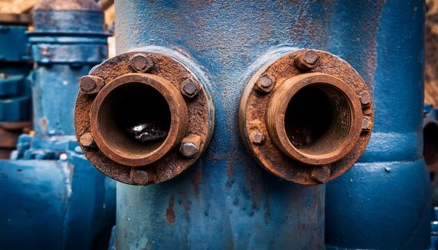close up of weathered industrial pipe fittings with rust and corrosion