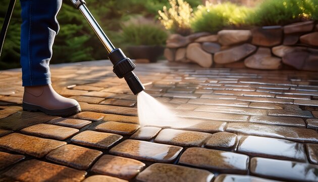 closeup of a power washer cleaning a stone patio removing dirt and grime to reveal the clean surface underneath enhancing the patios appearance
