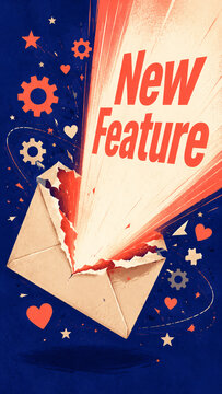 Retro style illustration of bright light bursting from a torn envelope with "New Feature" text announcement