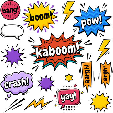 Colorful Comic Book Explosion Speech Bubbles with Retro Pop Art Style, Boom Pow Kaboom Crash Yay and Argh Stickers