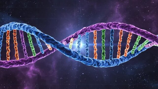 DNA helix double helix with colorful genetic code strands illuminated against space nebula background