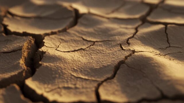 Dried cracked earth texture close-up. Parched soil with deep fissures and hexagonal patterns. Golden brown color palette. High resolution 4K footage for environmental projects.