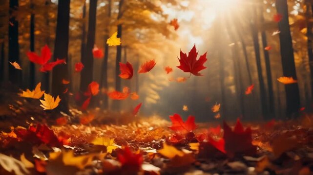 Autumn leaves falling in a forest. Colorful maple leaves floating down. Sunlight filtering through trees. Seasonal change and nature beauty.