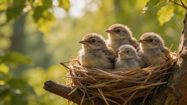 Baby birds in nest on tree branch