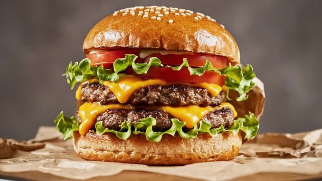 Delicious double cheeseburger with tomato, lettuce, and melted cheddar cheese in a brown paper wrapper