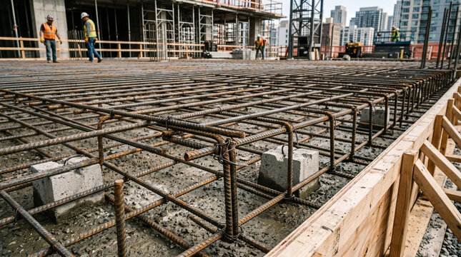 Reinforcement steel grid installation in unfinished concrete floor slab at construction site
