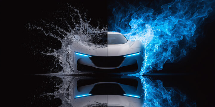 Futuristic white sports car split between splashing water and swirling blue flames on black background