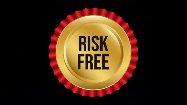 Animated Shiny Gold and Red Rosette Ribbon Risk Free Badge Looping Motion Graphic on Transparent Background