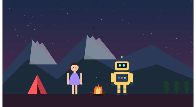 Girl and robot camping under starry night sky flat animation
